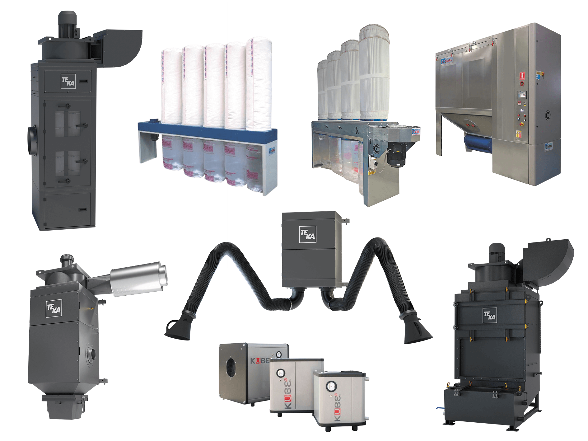 Auflistung von 8 stationären Filteranlagen, darunter Absackfilter, Patronenfilter, Nasswäscher, Schlauchfilter